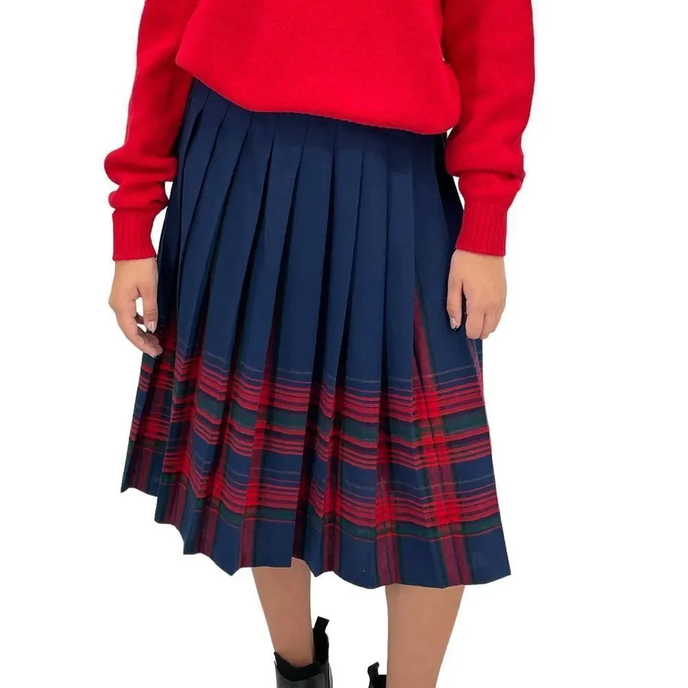 Vintage Pendleton Wool Skirt Pleated Accordion Midi Length Navy Red Plaid | 6 P
